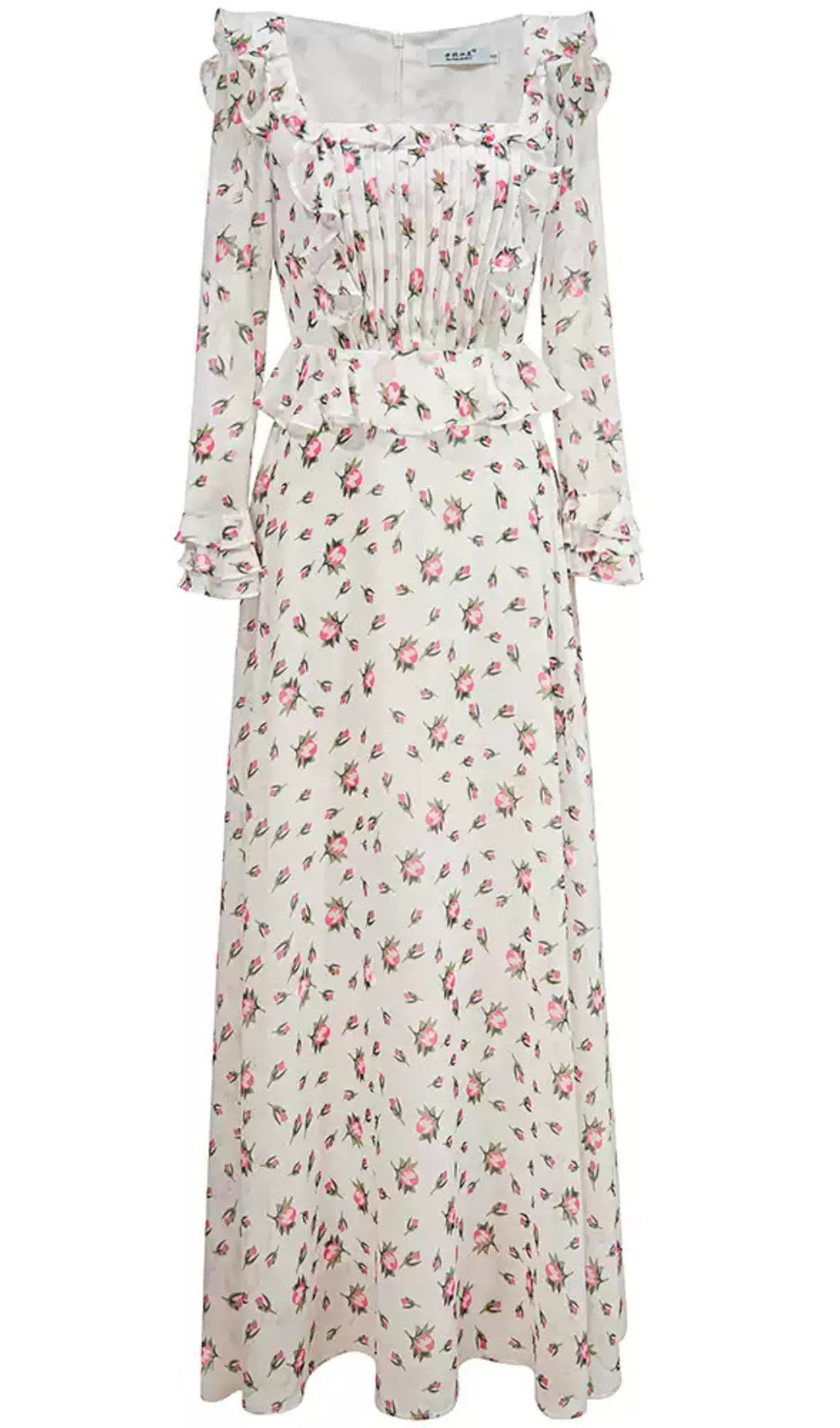WHITE FLORAL RUFFLED MAXI DRESS WITH SQUARE NECKLINE