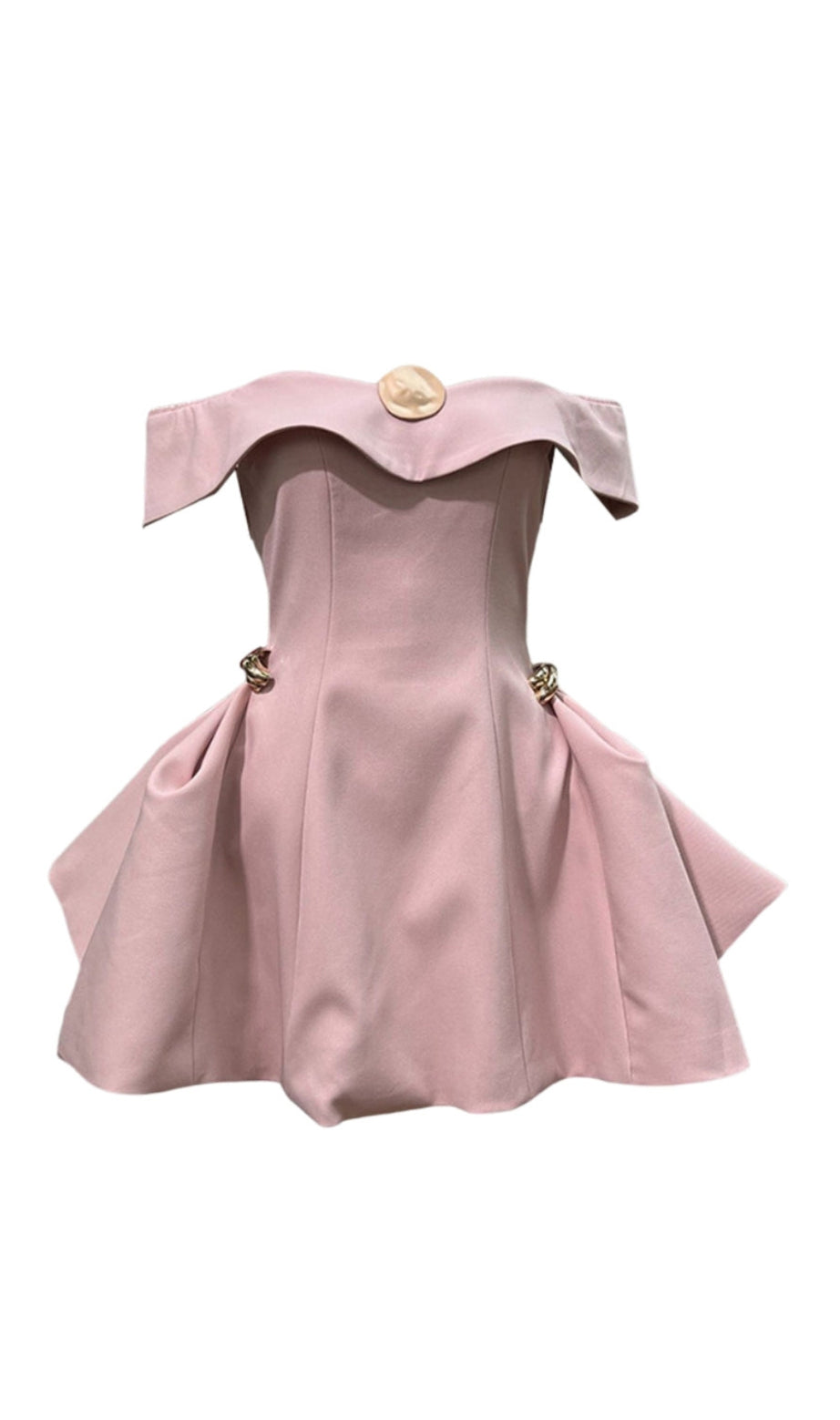 metal detail a-line off-shoulder mini dress in Pink