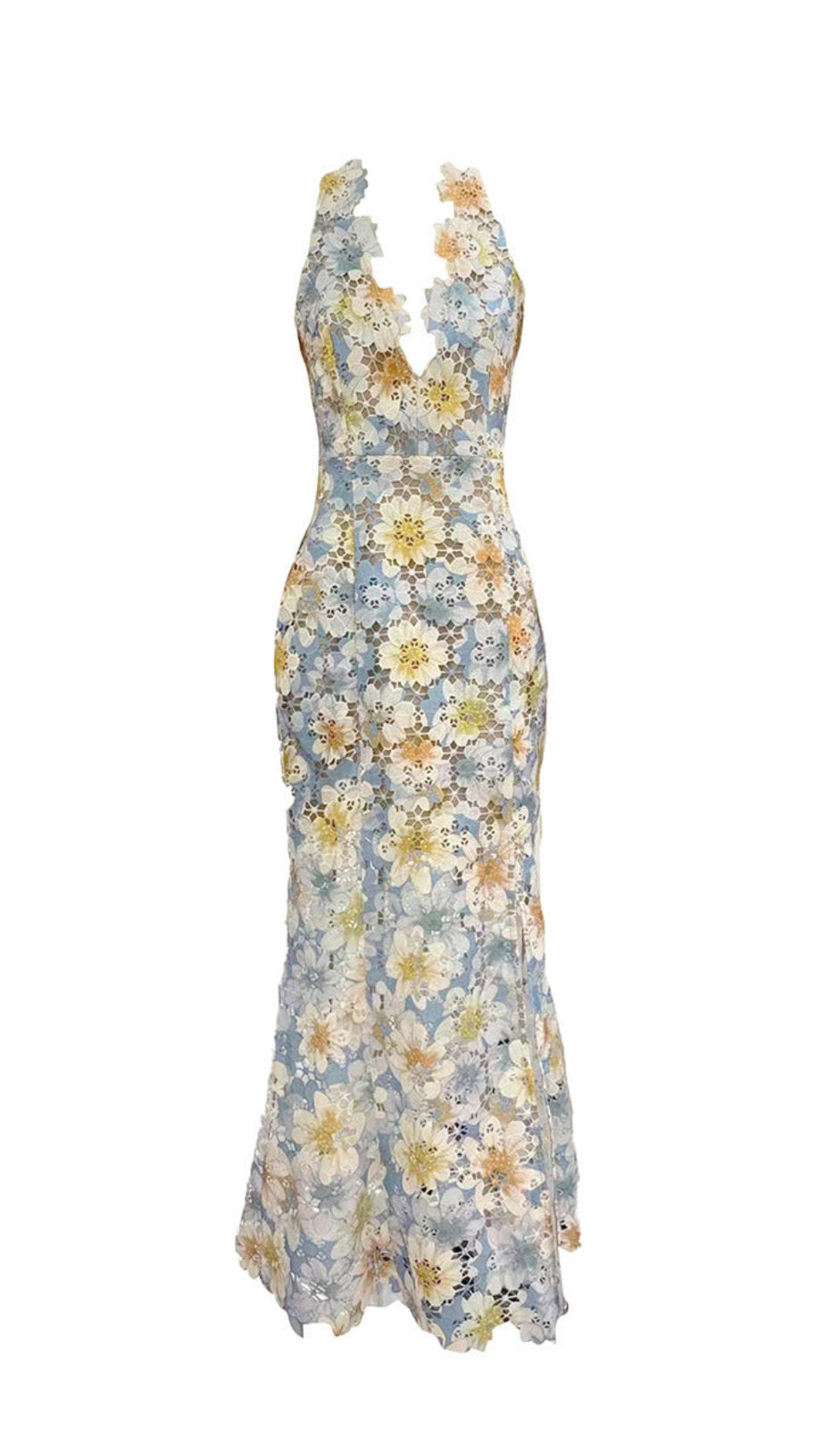 Langes Kleid mit V-Ausschnitt und seitlichem Schlitz