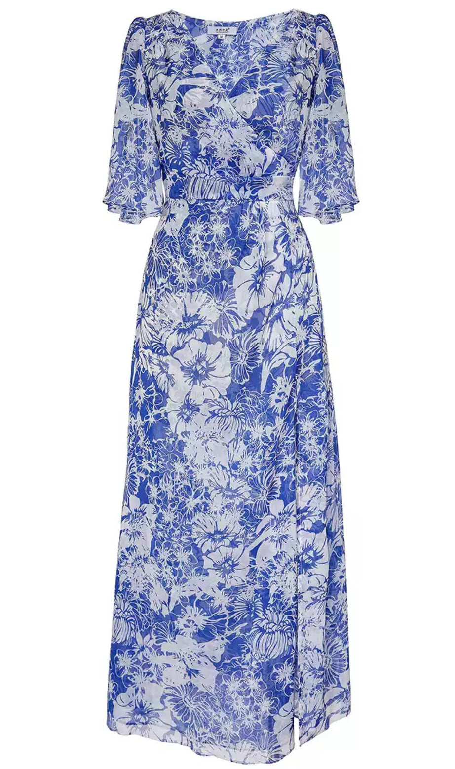 Blau-weißes Wickel-Midikleid aus Chiffon mit Blumenmuster 