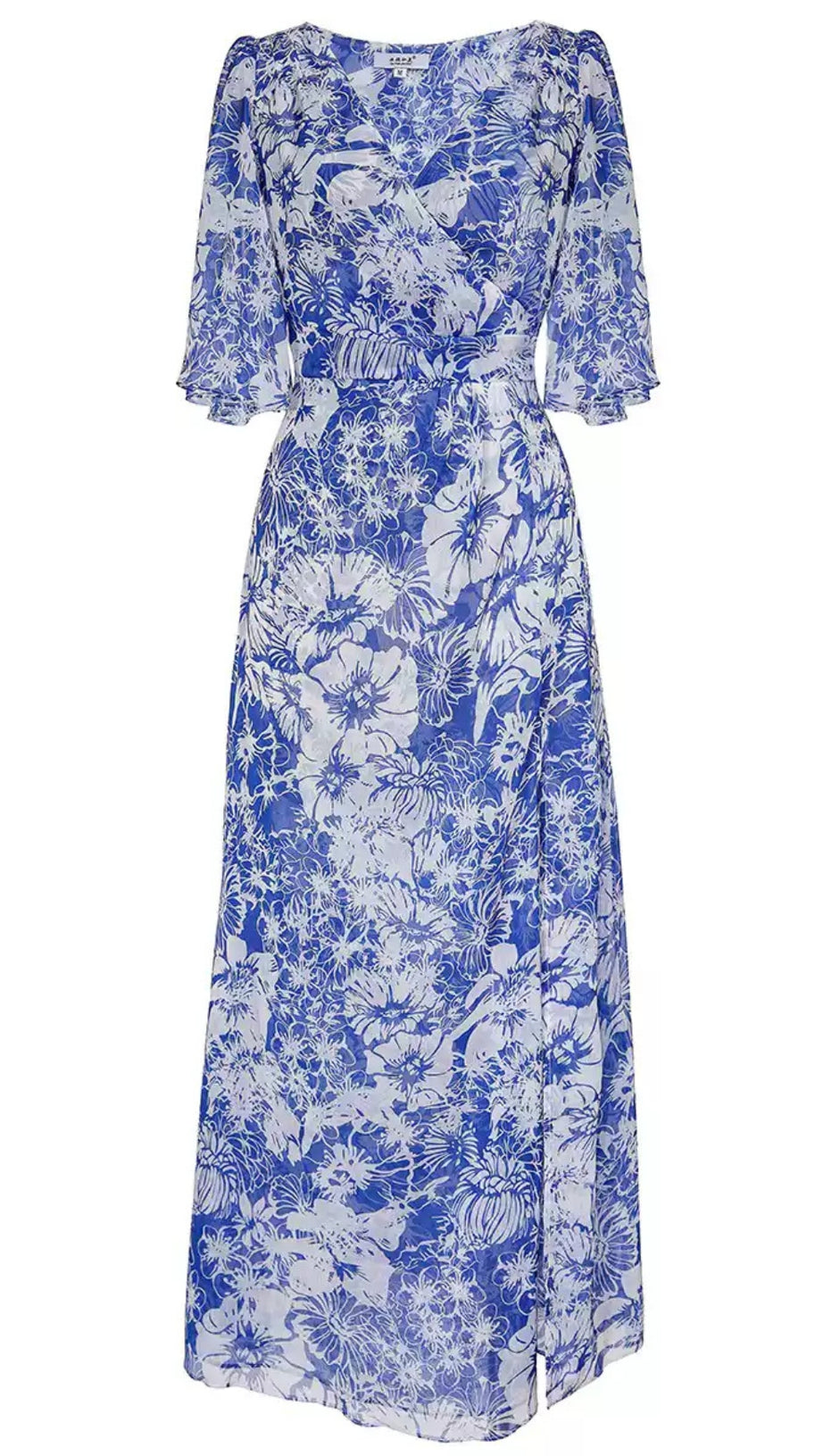 BLUE AND WHITE FLORAL PRINT CHIFFON WRAP MIDI DRESS
