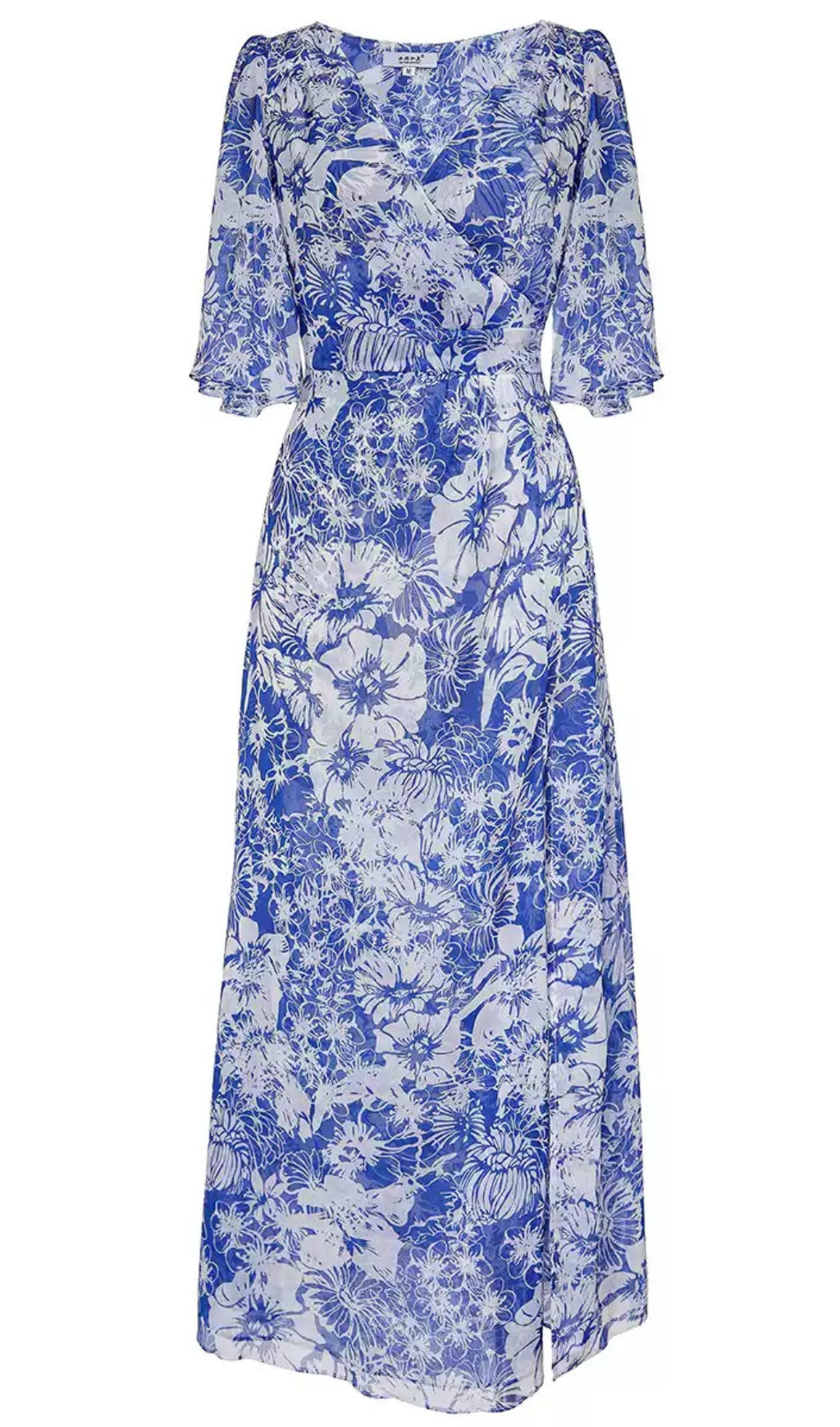 BLUE AND WHITE FLORAL PRINT CHIFFON WRAP MIDI DRESS