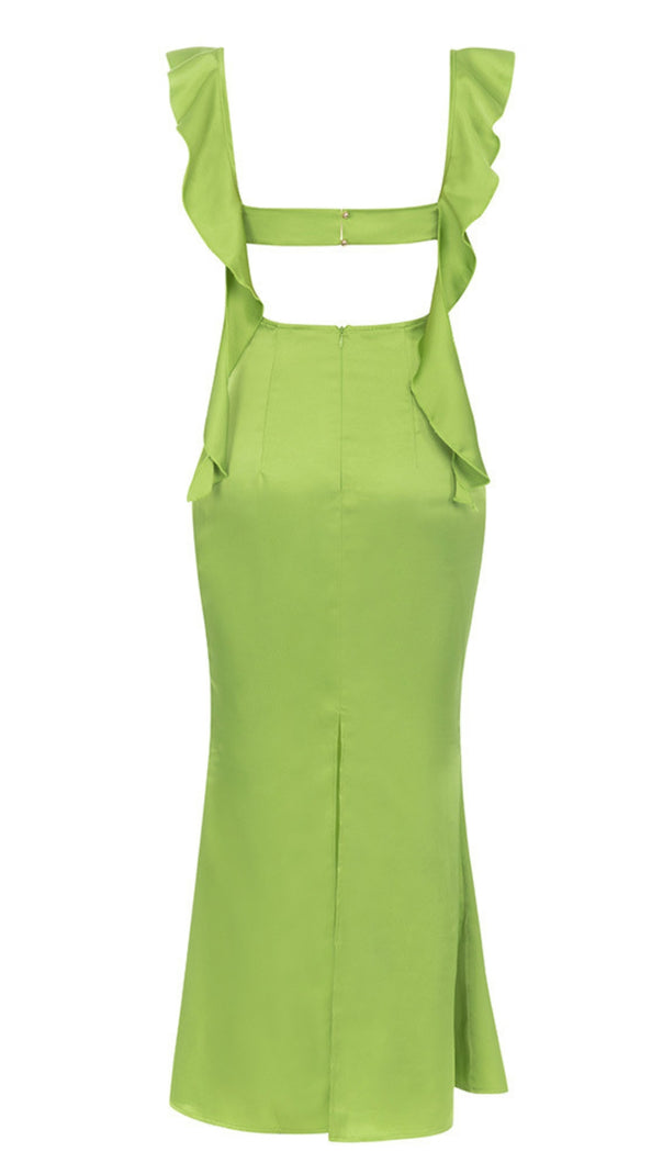 AIIZIE RUFFLED STRAP RUCHED MIDI DRESS IN GREEN - product image