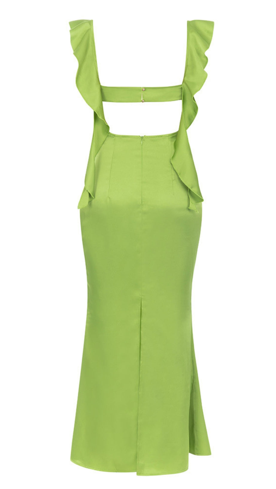 RUFFLED STRAP RUCHED MIDI DRESS IN GREEN