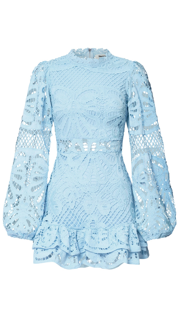 AIIZIE LONG PUFF SLEEVE LACE MINI DRESS IN BLUE - product image