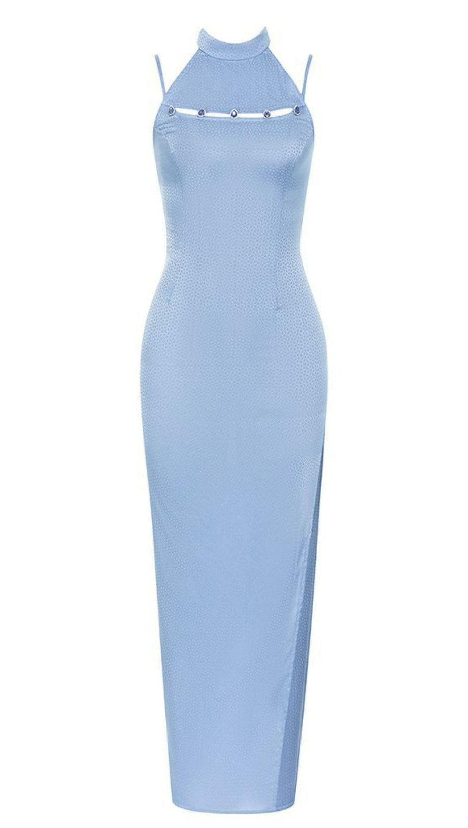 HALTER NECK SLIT MIDI DRESS IN LIGHT BLUE