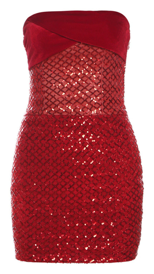 AIIZIE RED STRAPLESS MESH - PANELED MINI RED HOCO DRESS - product image