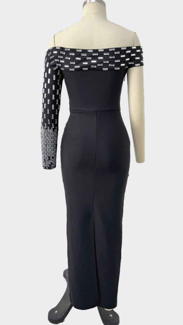 AIIZIE OFF SHOULDER SILVER EMBELLISHED ONE SLEEVE IN BLACK - product image