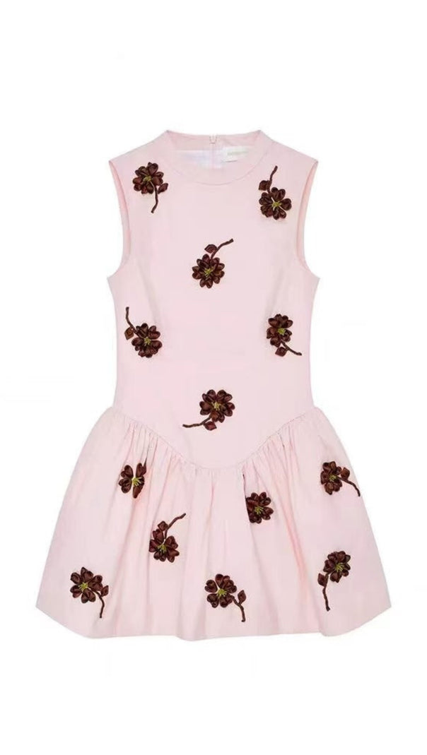 AIIZIE VIVIEN FLOWER EMBELLISHED PUFFY MINI DRESS IN PINK - product image