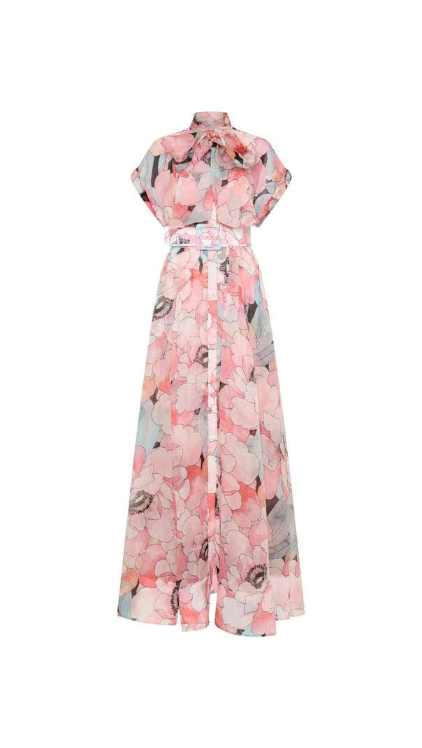Maxikleid aus Seidenorganza mit Blumenmuster in Pink-Multi