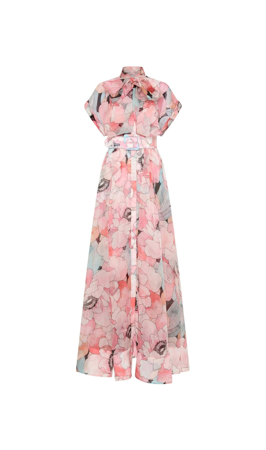abito lungo in organza di seta con stampa floreale in rosa-multicolore
