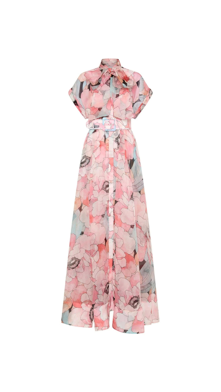 FLORAL PRINT SILK ORGANZA MAXI DRESS IN PINK-MULTI