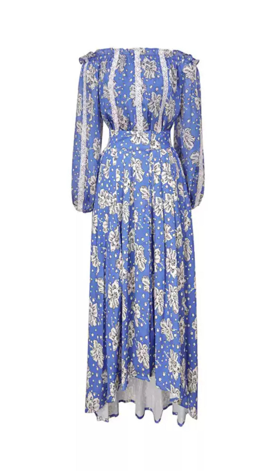 Elegante abito lungo blu floreale con spalle scoperte e finiture in pizzo 