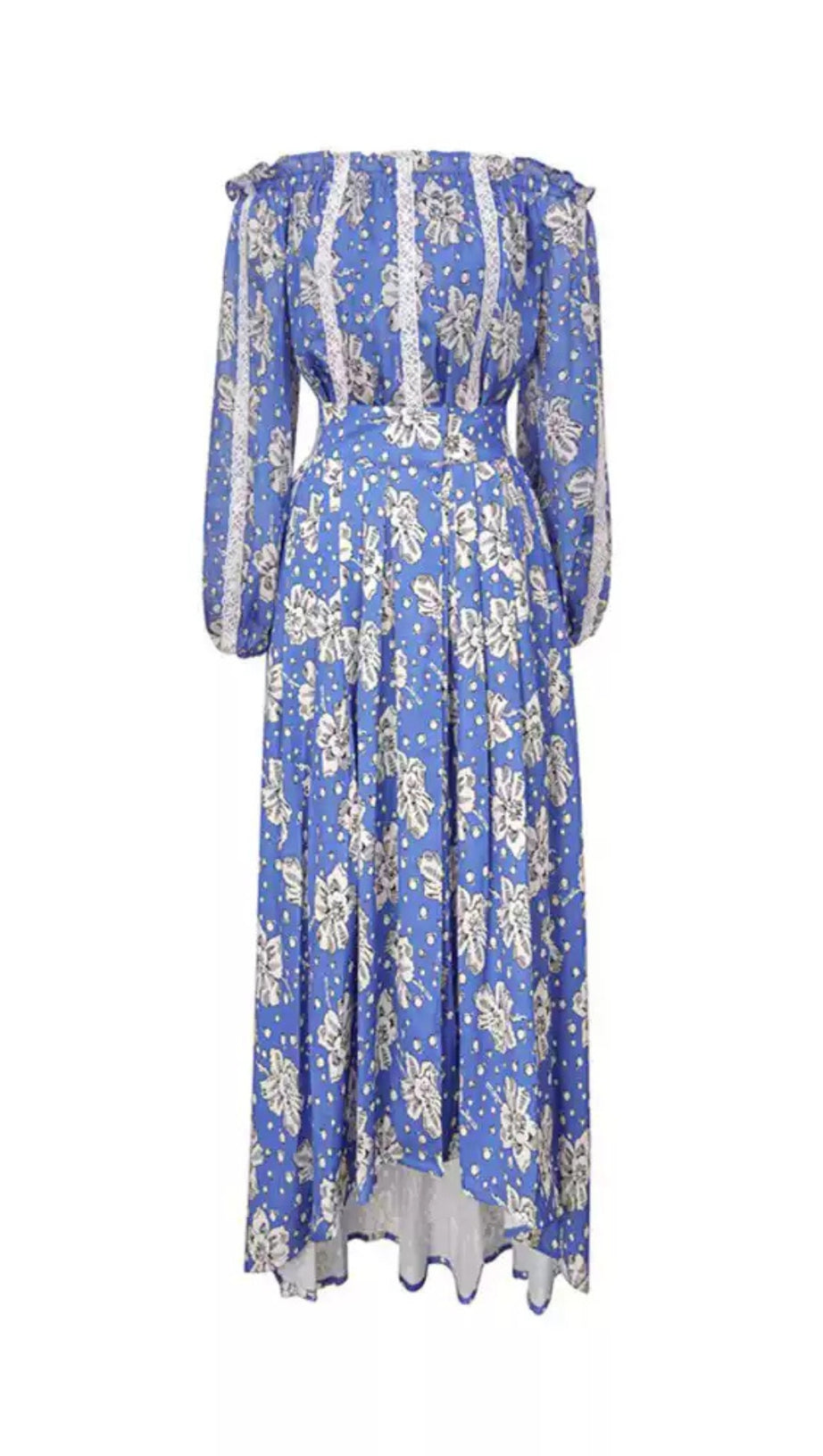 ELEGANT BLUE FLORAL OFF - SHOULDER MAXI DRESS WITH LACE TRIM