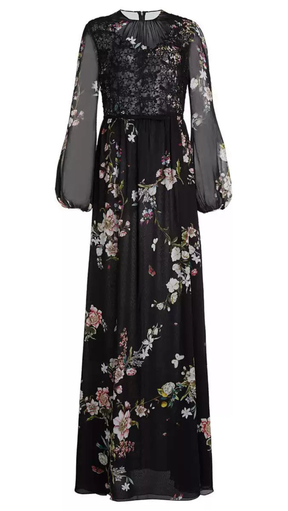 BLACK ELEGANT FLORAL LONG DRESS WITH SHEER SLEEVES AND LACE DETAIL