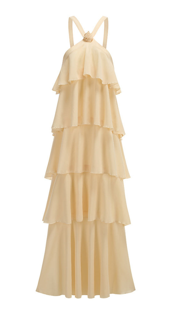 AIIZIE BEIGE TIERED HALTER NECK CHIFFON MAXI DRESS - product image