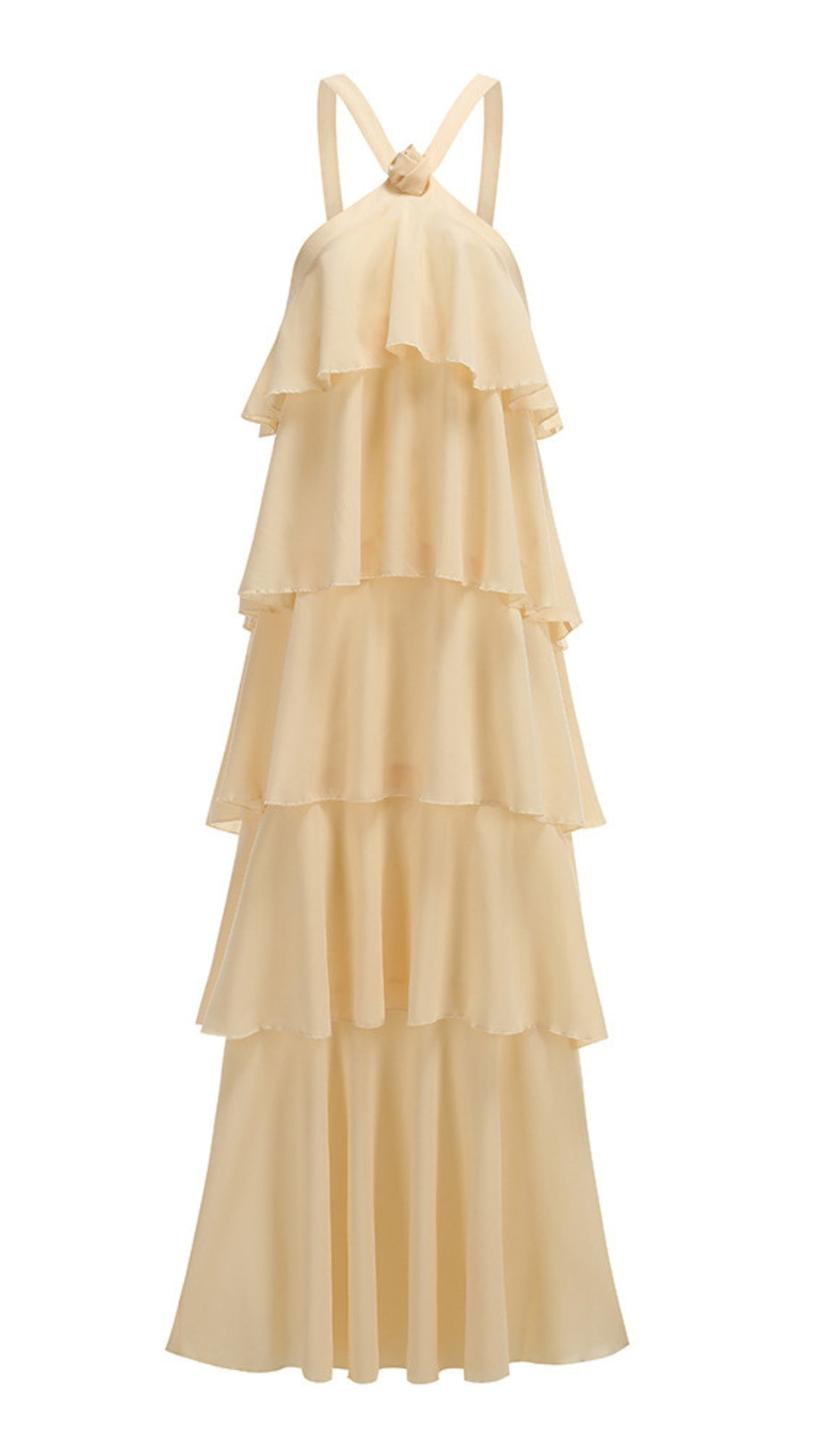 BEIGE TIERED HALTER NECK CHIFFON MAXI DRESS