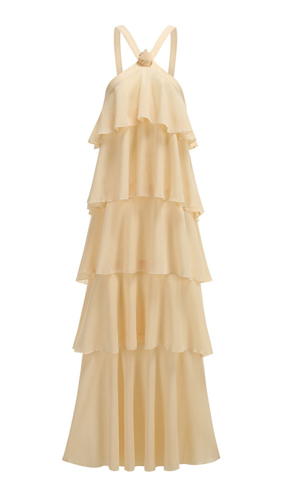 BEIGE TIERED HALTER NECK CHIFFON MAXI DRESS