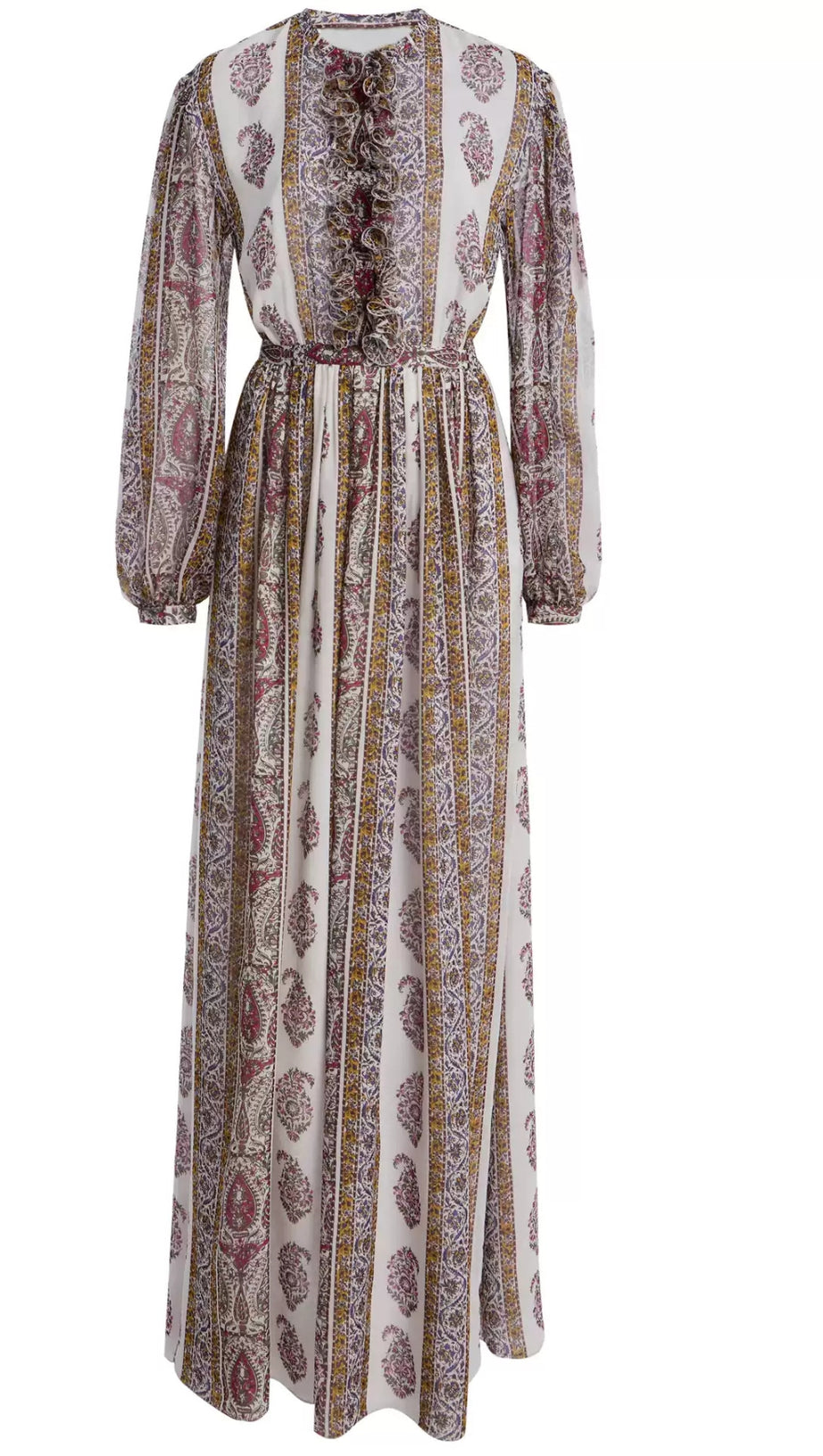 ABITO LUNGO CON STAMPA PAISLEY E VOLANT CON CINTURA IN VITA