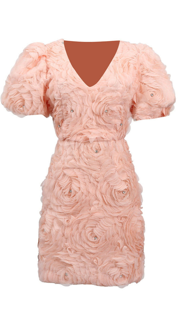 AIIZIE V-NECK FLOWER EMBELLISHED PUFF MINI DRESS IN BALLET PINK - product image