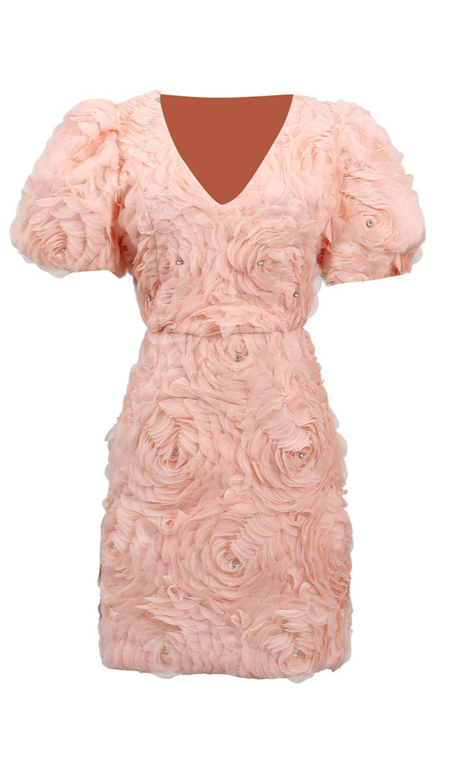 v-neck flower embellished puff Mini Dress in Ballet Pink