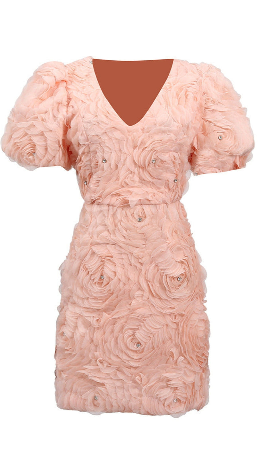 V-NECK FLOWER EMBELLISHED PUFF MINI DRESS IN BALLET PINK