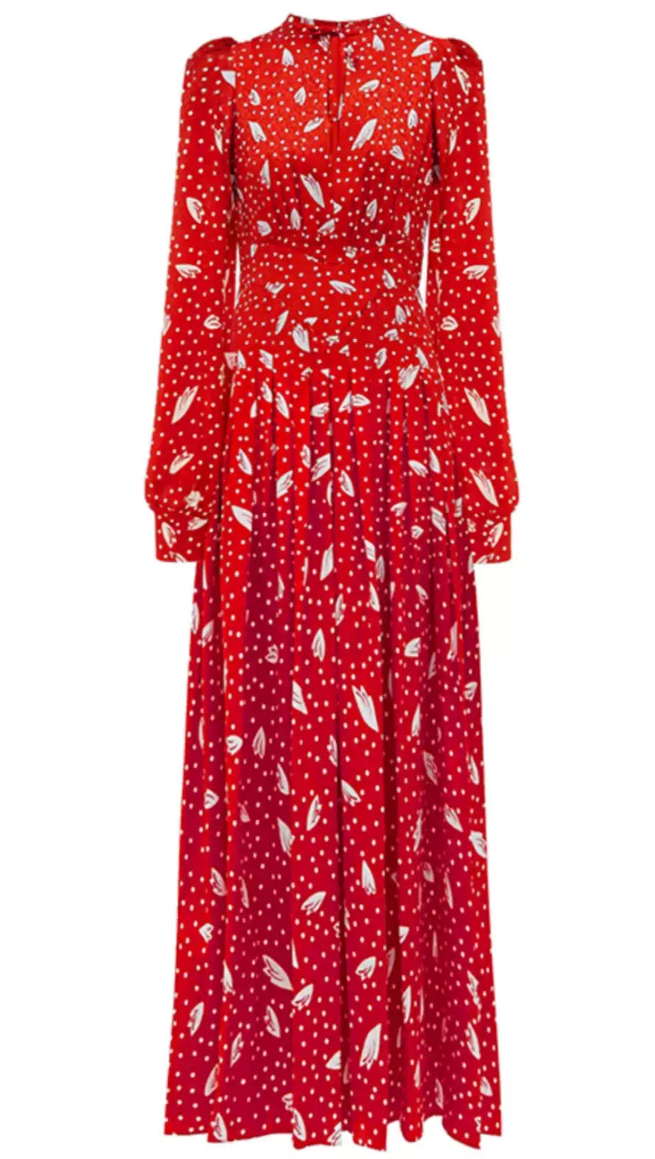 RED FLORAL AND POLKA DOT MAXI DRESS WITH LONG SLEEVES