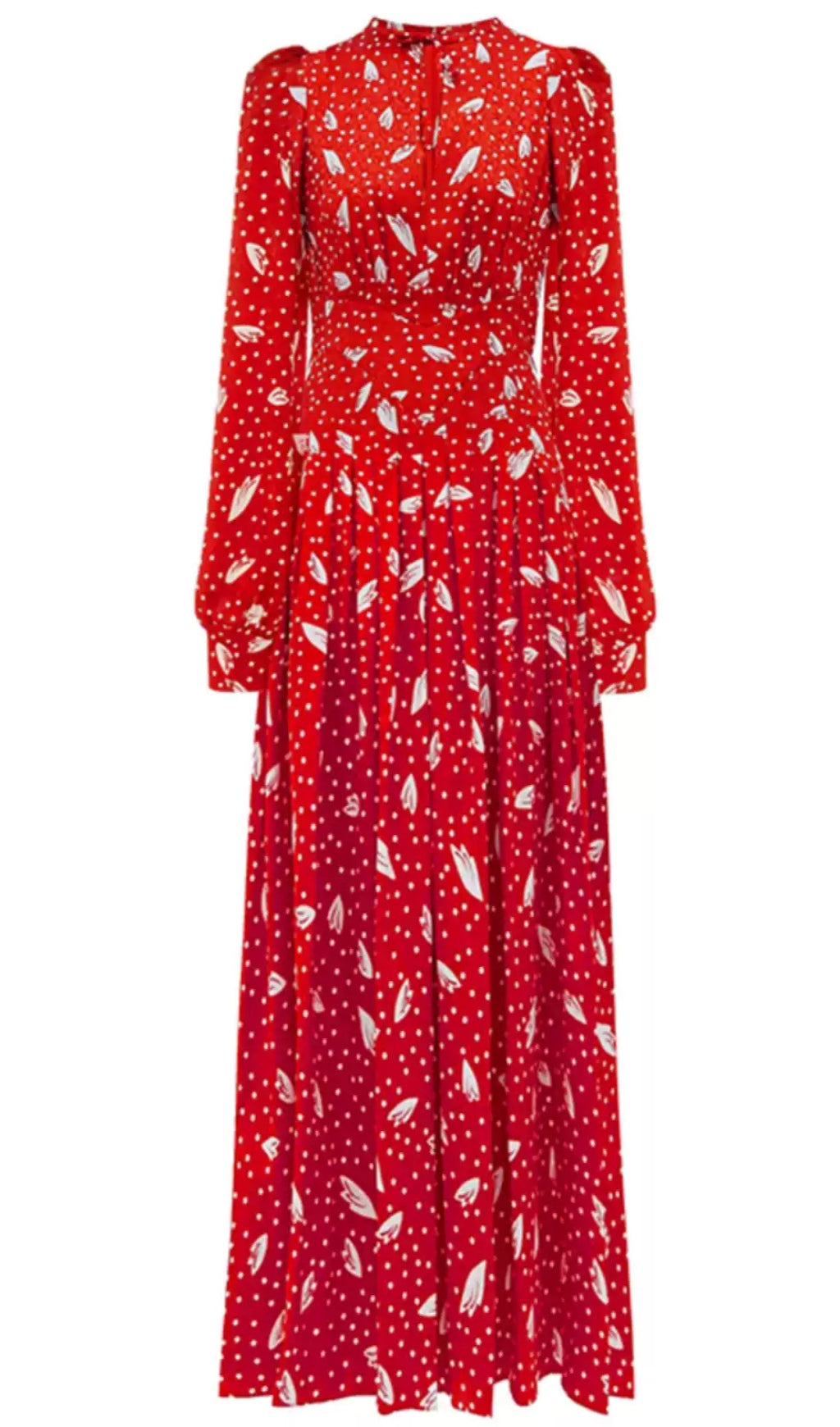RED FLORAL AND POLKA DOT MAXI DRESS WITH LONG SLEEVES