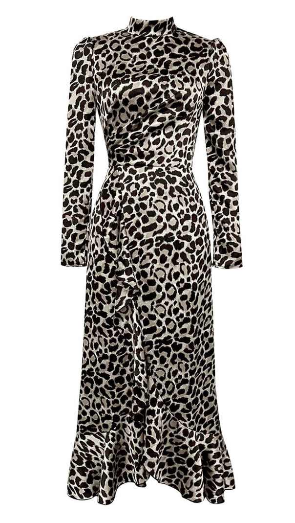 AIIZIE WHITE LEOPARD - PRINT MANDARIN COLLAR LONG - FIT RUFFLED MIDI DRESS - product image