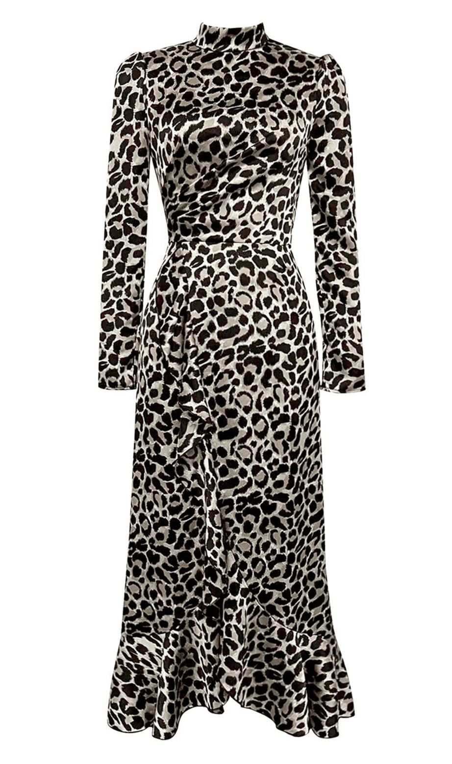 WHITE LEOPARD - PRINT MANDARIN COLLAR LONG  - FIT RUFFLED MIDI DRESS
