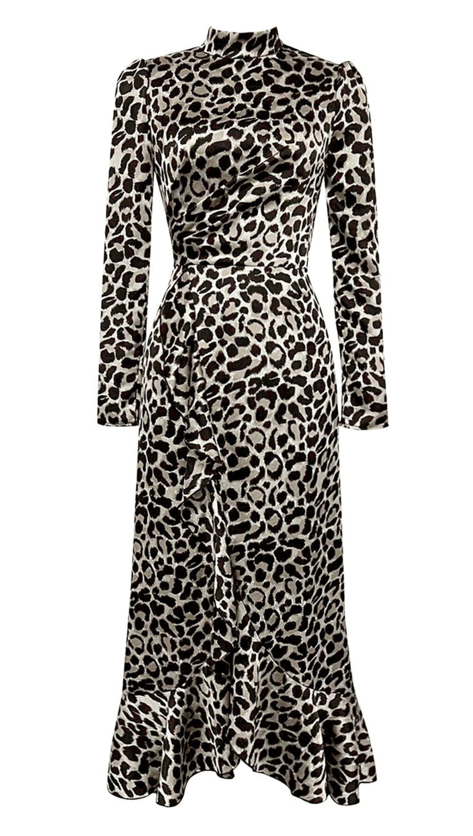 WHITE LEOPARD - PRINT MANDARIN COLLAR LONG  - FIT RUFFLED MIDI DRESS
