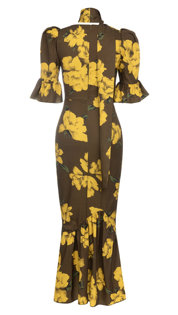 AIIZIE FLORAL - PRINT RUFFLED - SLEEVE TIE - NECK MIDI DRESS IN BROWN - product image