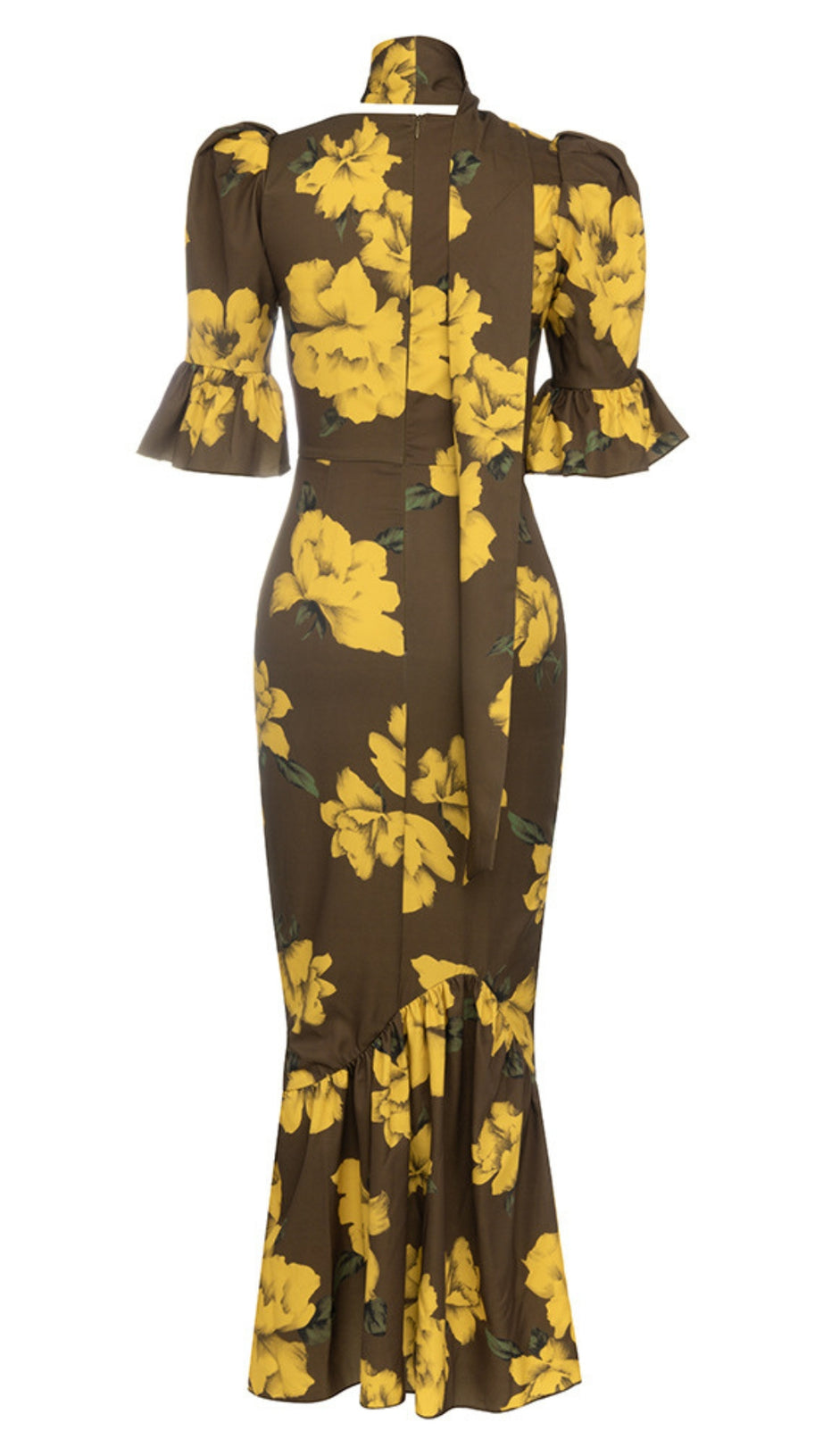 FLORAL - PRINT RUFFLED - SLEEVE TIE - NECK MIDI DRESS IN BROWN