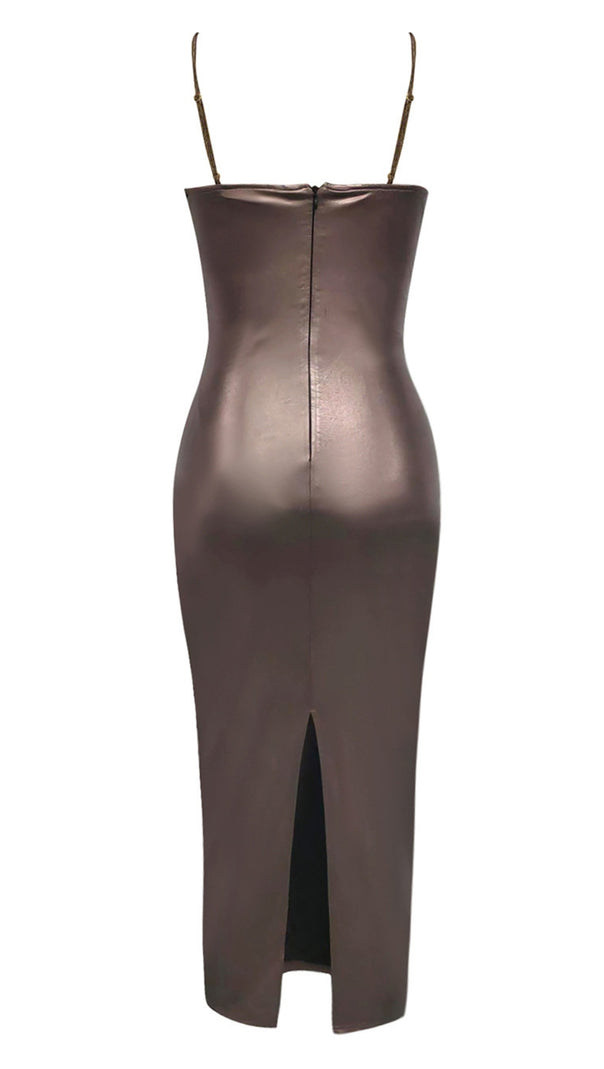AIIZIE SATIN COWL - NECK STRAPPY MIDI DRESS IN BRONZE - product image