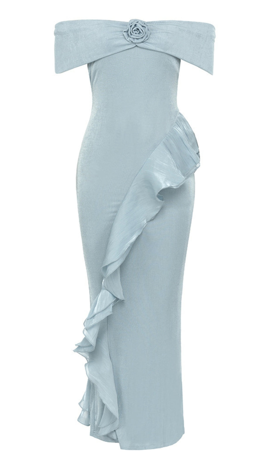 Off - Shoulder Flower - Embellished Ruffle Midi Dress in Light Blue