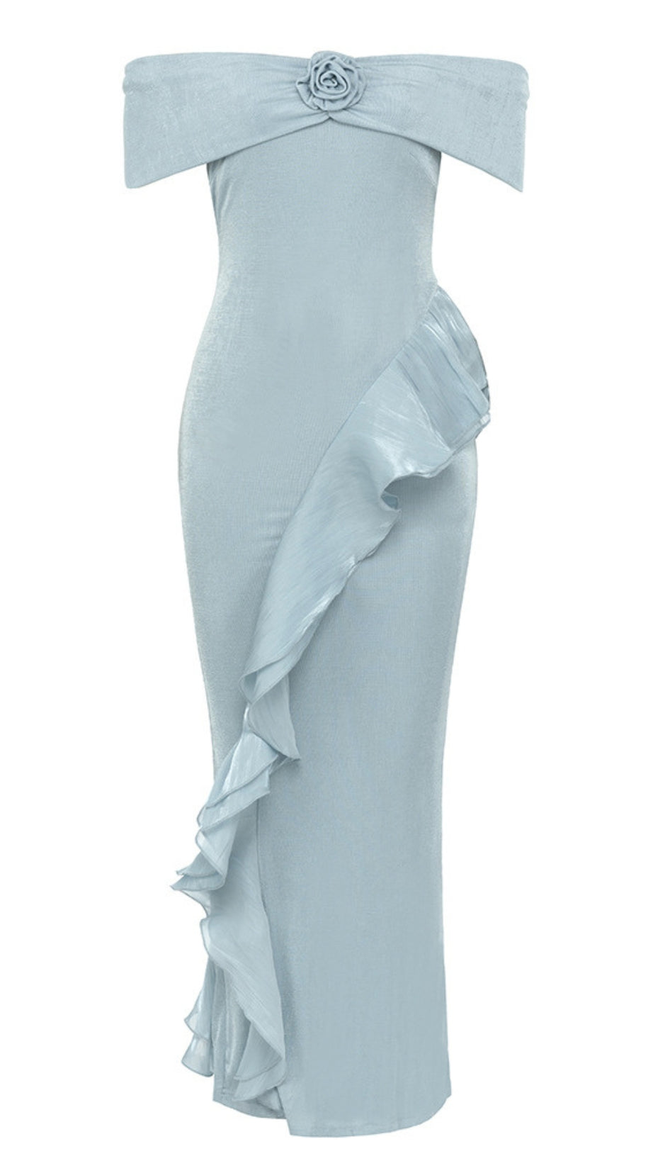 OFF - SHOULDER FLOWER - EMBELLISHED RUFFLE MIDI DRESS IN LIGHT BLUE