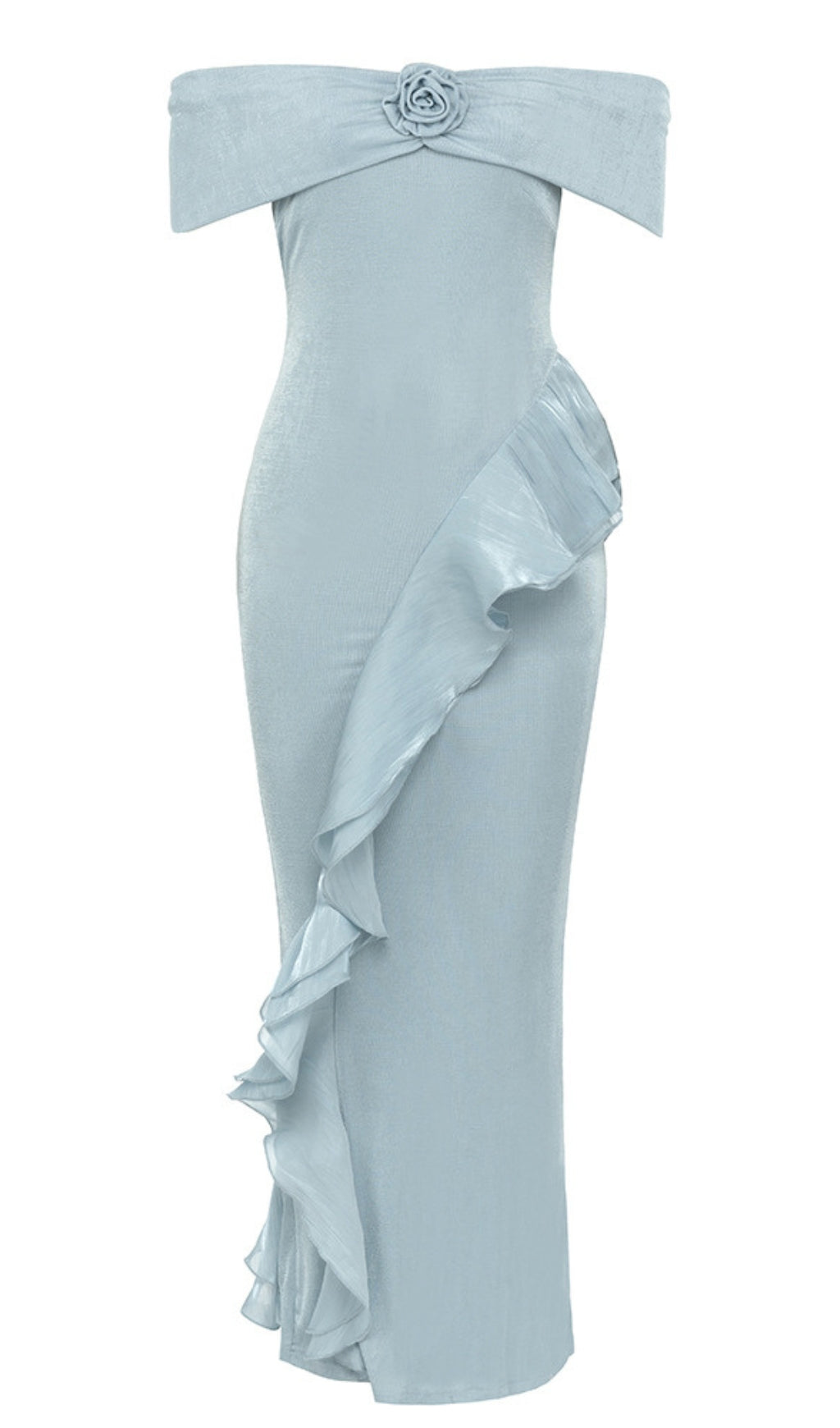 OFF - SHOULDER FLOWER - EMBELLISHED RUFFLE MIDI DRESS IN LIGHT BLUE