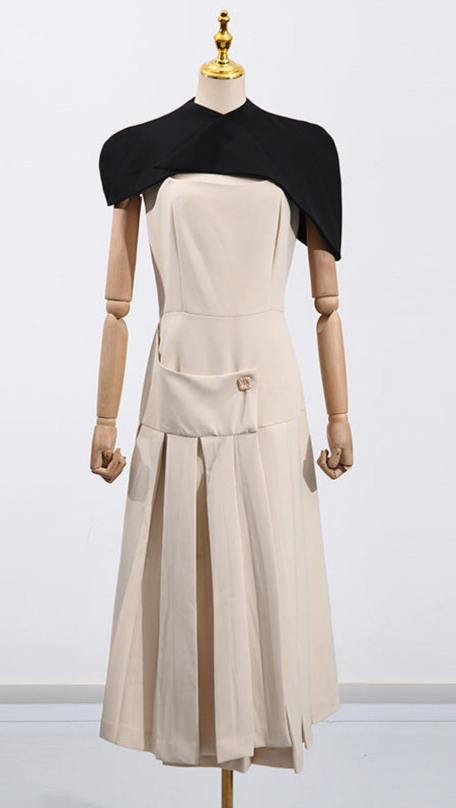 GUSTAVE KHAKI CAPE SLEEVELESS IRREGULAR MIDI DRESS