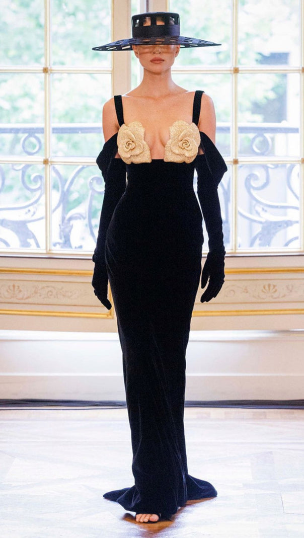 AIIZIE FLOWER - EMBELLISHED OFF - SHOULDER SLIT MAXI DRESS WITH GLOVES IN BLACK - product image