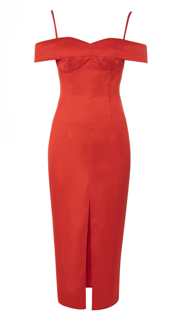 AIIZIE SPAGHETTI - STRAP OFF - SHOULDER SLIT MIDI DRESS IN RED - product image
