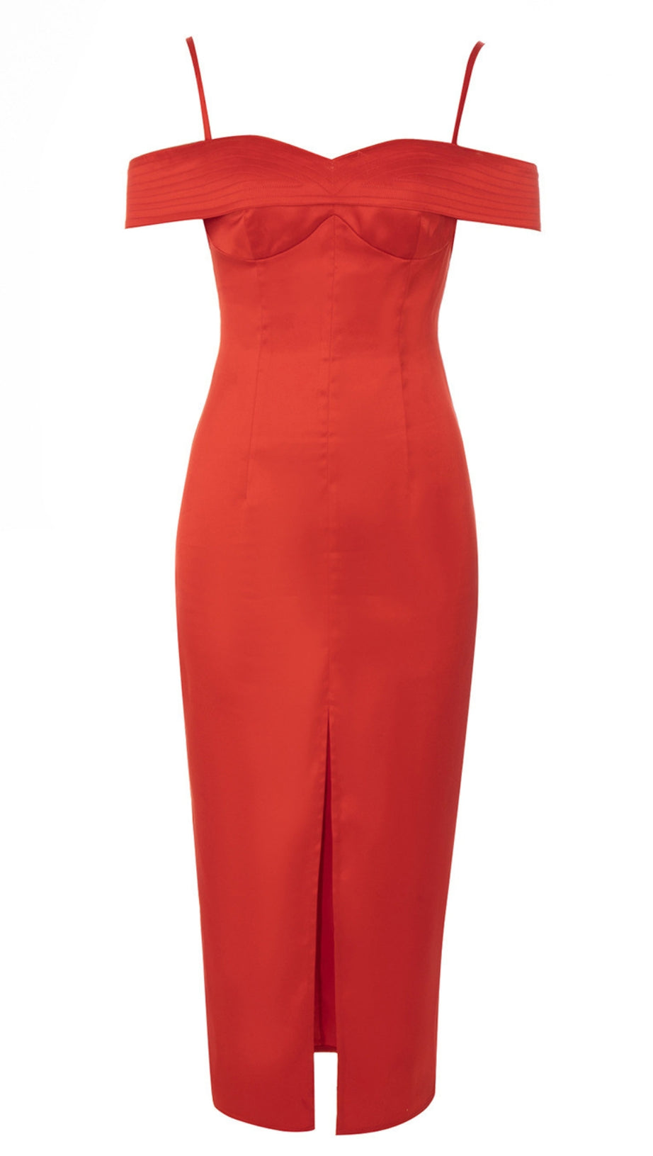 SPAGHETTI - STRAP OFF - SHOULDER SLIT MIDI DRESS IN RED