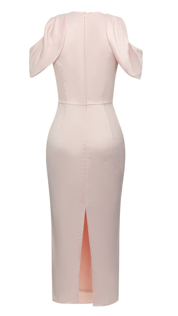 AIIZIE COLD - SHOULDER BOW - DETAIL SLIT MIDI DRESS IN LIGHT PINK - product image