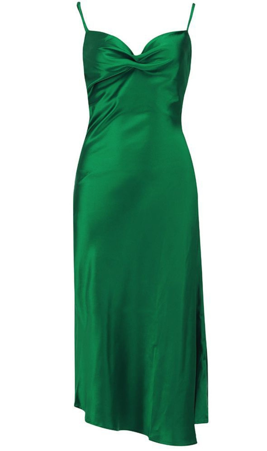 Abito midi asimmetrico in raso con scollo a cappuccio, verde