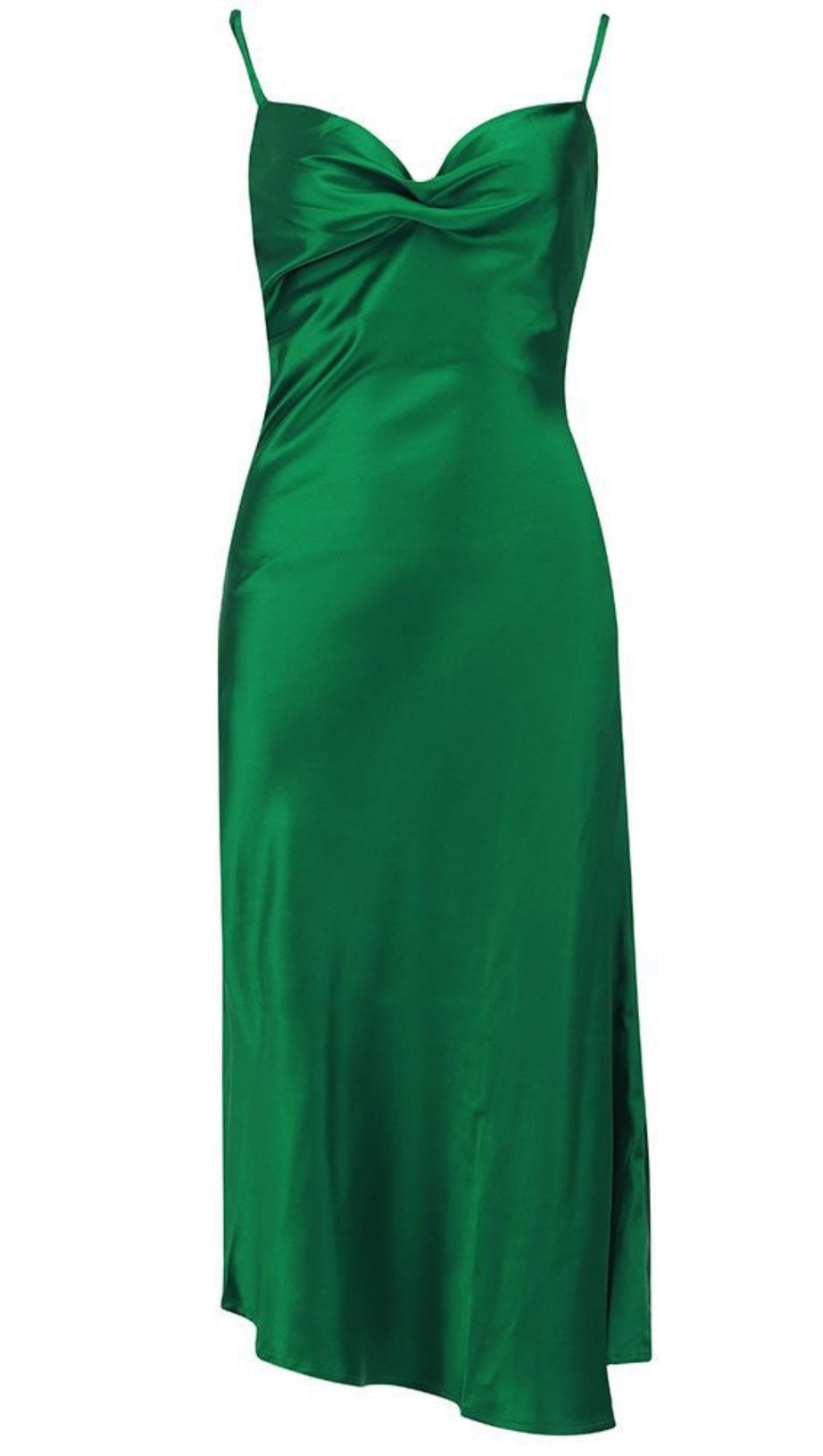 SATIN COWL NECK ASYMMETRIC MIDI DRESS IN GREEN