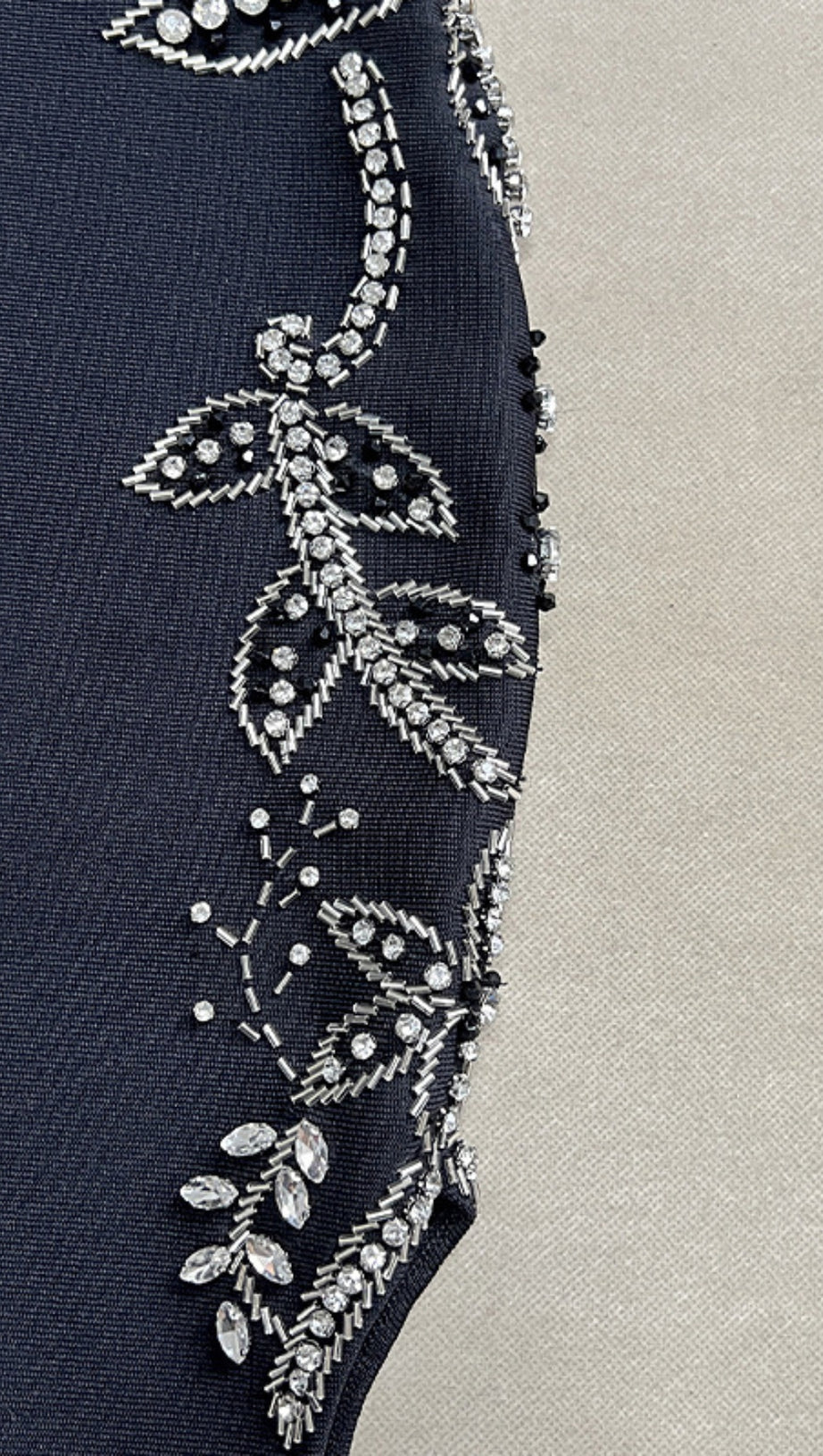 OFF SHOULDER RHINESTONE EMBELLISHED PLUNGE MAXI DRESS IN BLACK