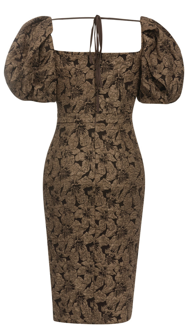 AIIZIE FLORAL - JACQUARD PUFF - SLEEVE SLIT MIDI DRESS IN BROWN - product image