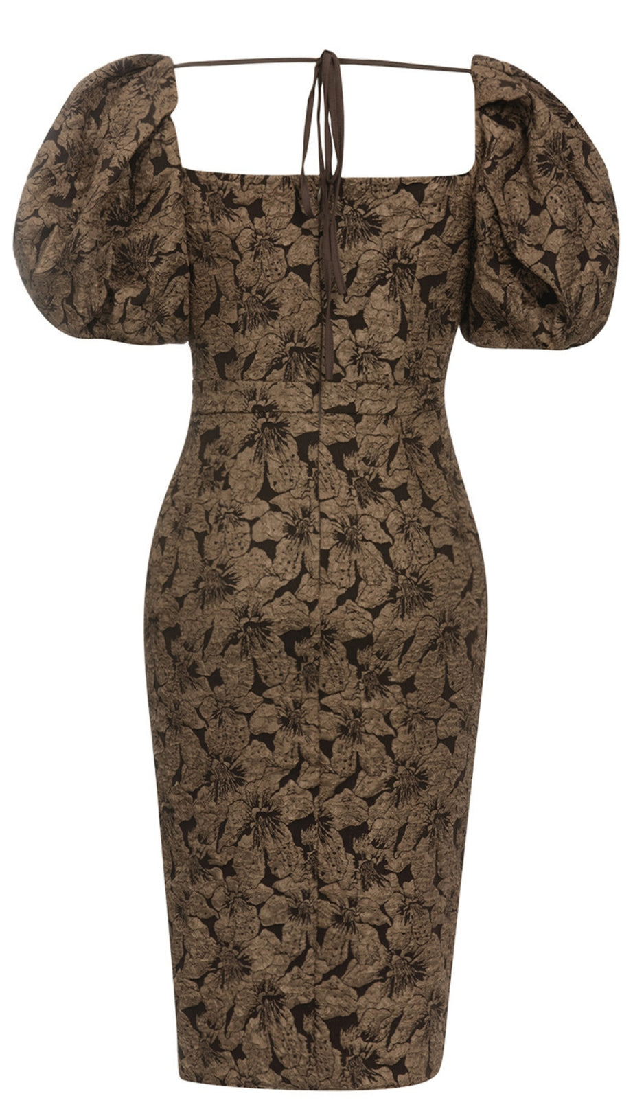 FLORAL - JACQUARD PUFF - SLEEVE SLIT MIDI DRESS IN BROWN