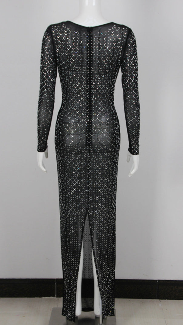AIIZIE SHEER GLITTER - SPECKLED LONG - SLEEVE MAXI DRESS IN BLACK - product image
