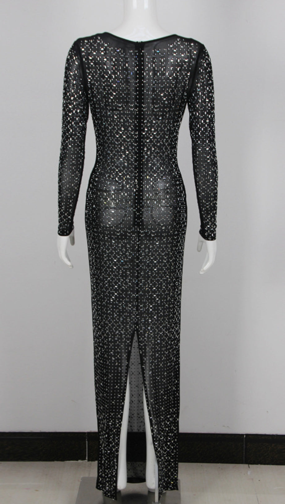 SHEER GLITTER - SPECKLED LONG - SLEEVE MAXI DRESS IN BLACK