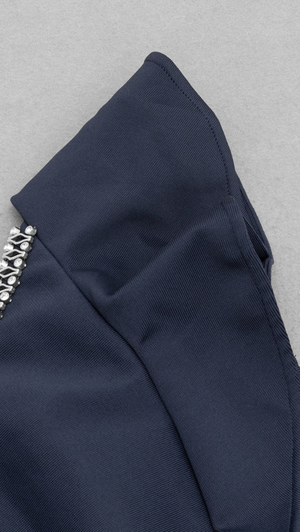 AIIZIE ONE - SHOULDER RHINESTONE - TRIM RUFFLE MIDI DRESS IN NAVY BLUE - product image